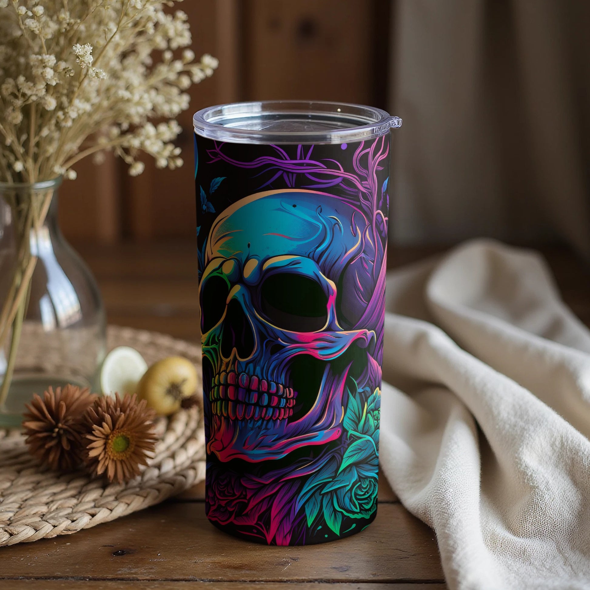 Vivid Color Skull Art Tumbler With Secure Lid