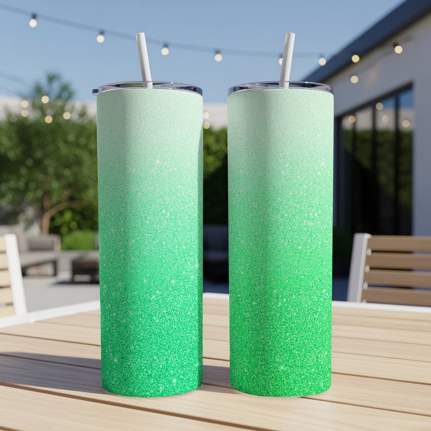 Two green gradient glitter tumblers with straws on a wooden table.