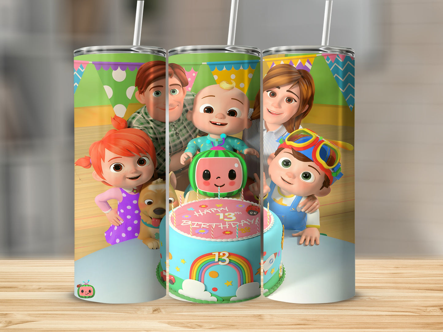 Cocomelon characters celebrate a 13th birthday on a colorful cake and tumblers.