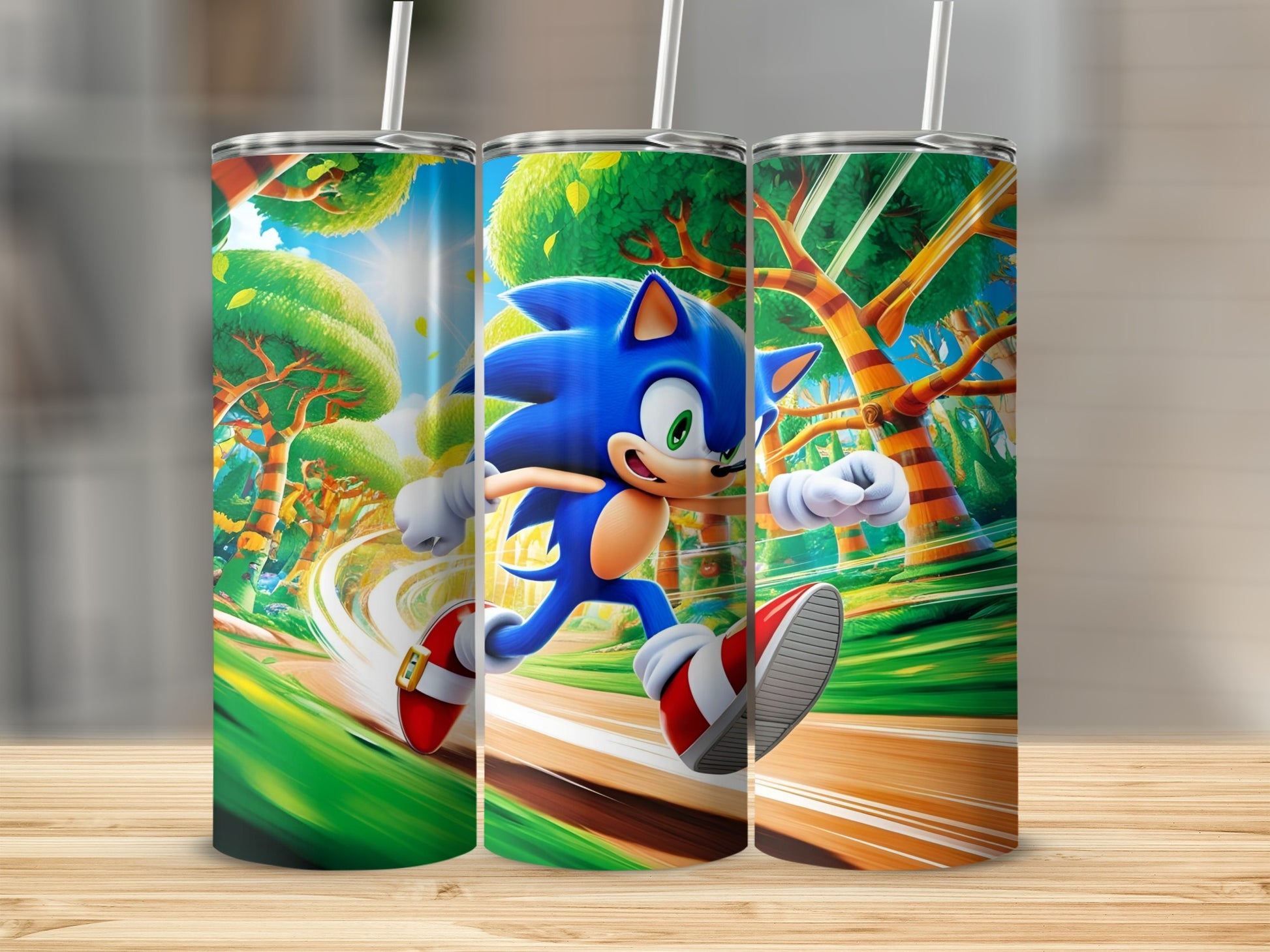 Sonic the Hedgehog running through a vibrant, blurred green landscape.