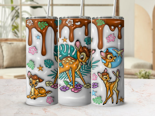 Bambi and Thumper characters with floral and leaf accents on a triptych tumbler design.