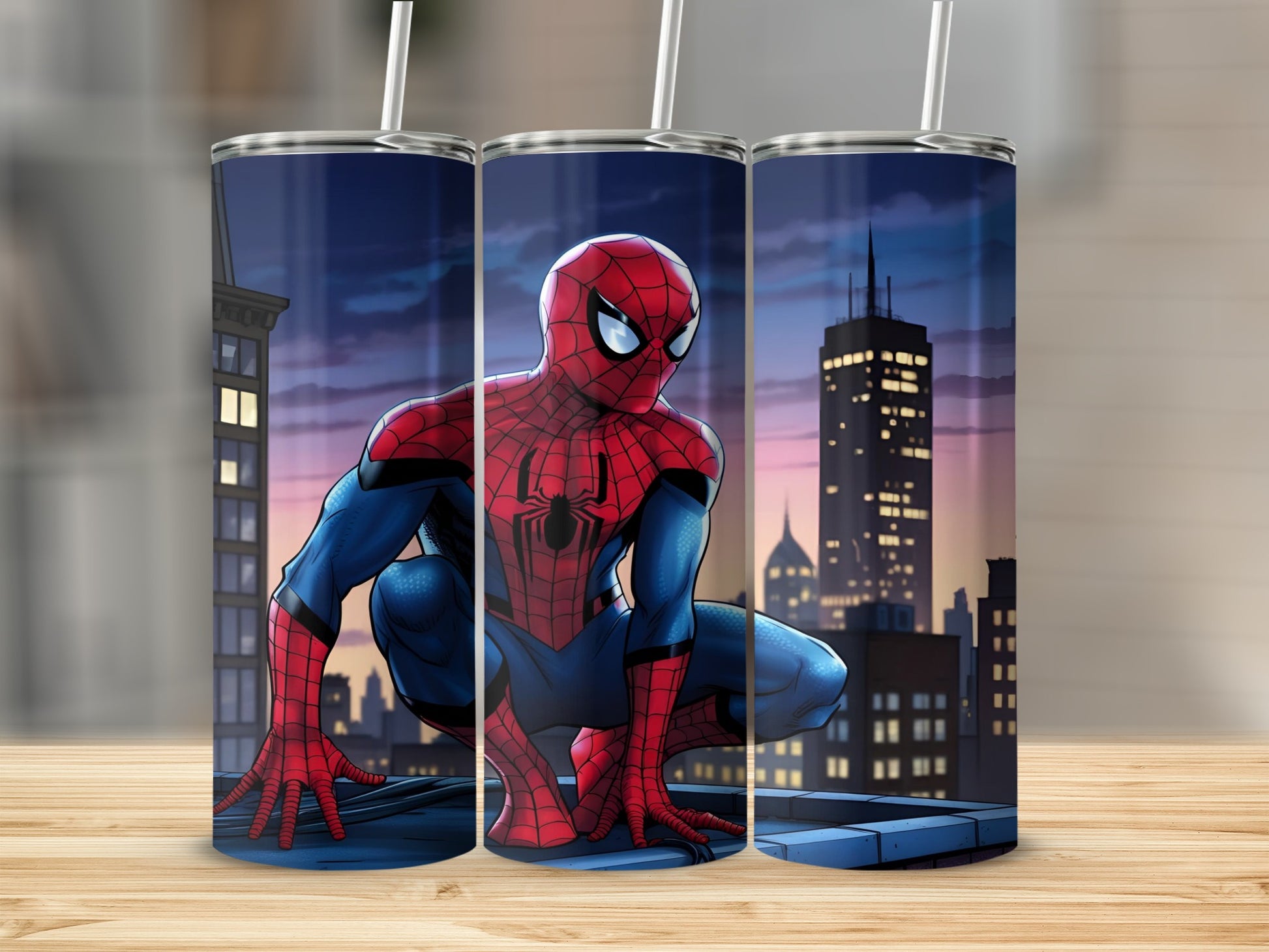 Spiderman crouching on a building rooftop with city skyline at dusk.