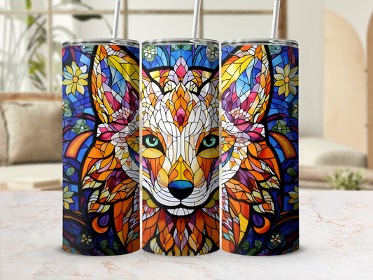 Stained glass fox tumbler with colorful floral accents.