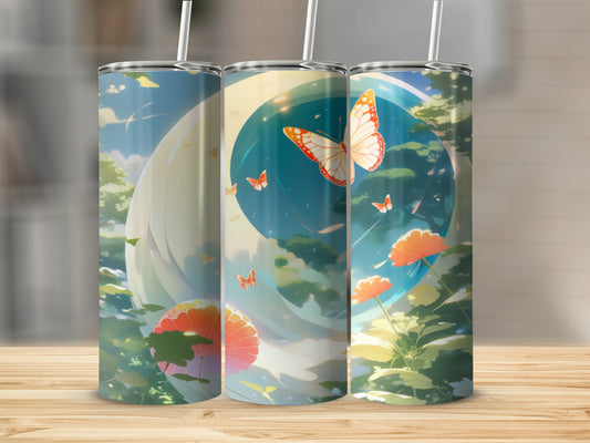 Three tumblers featuring an anime-style scene with butterflies and flowers.