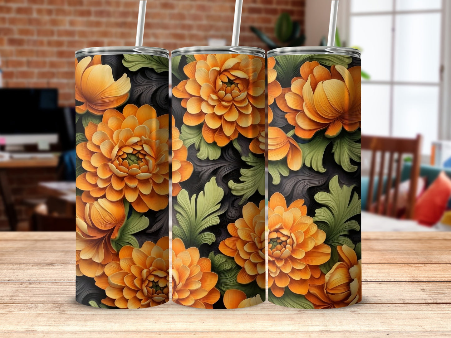 Vibrant Orange Chrysanthemum Black Pattern Tumbler product type