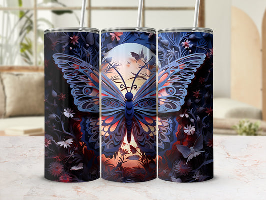 Three tumblers with a large blue butterfly and floral pattern.