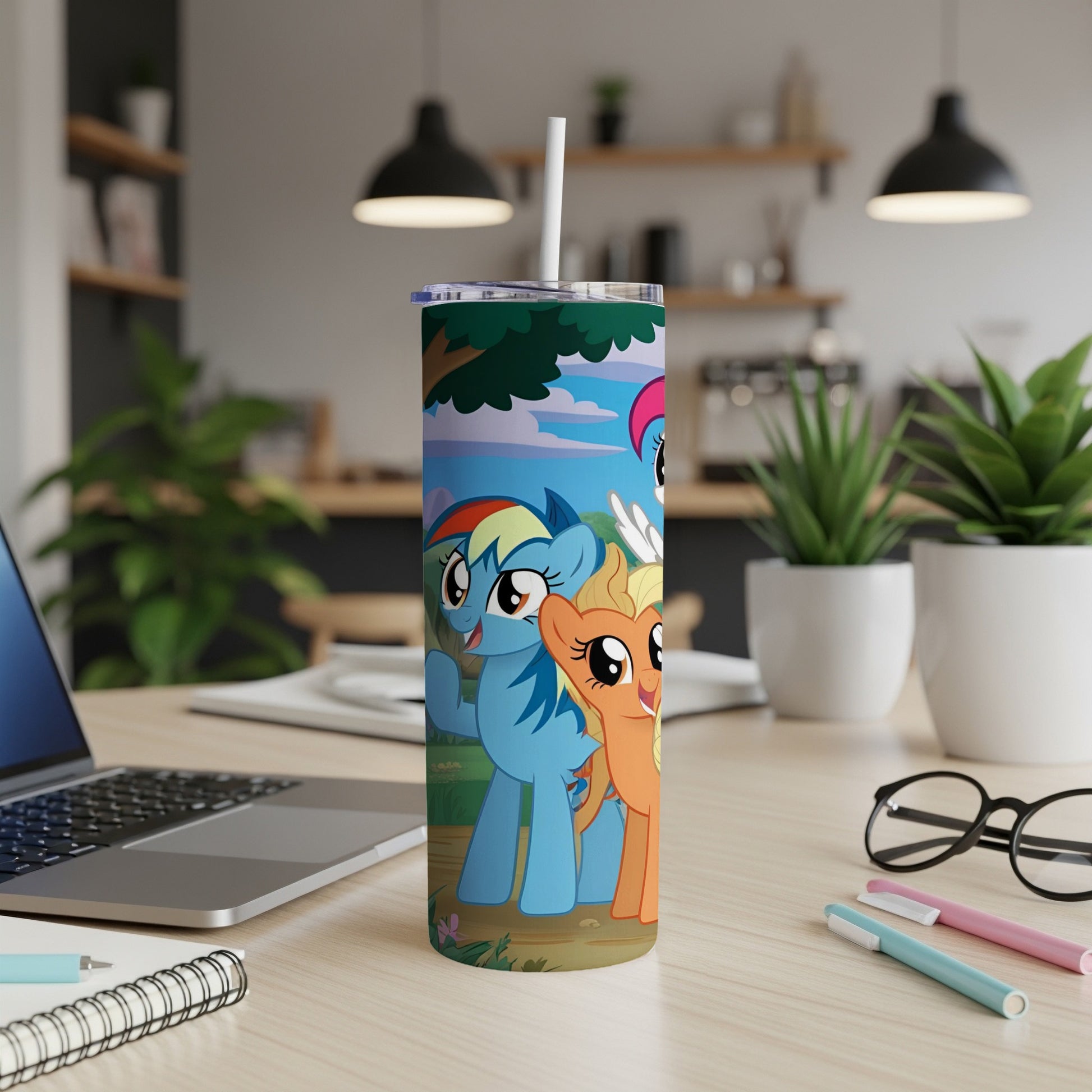 My Little Pony characters Rainbow Dash and Applejack on a white tumbler.