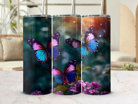 Three iridescent butterflies on a dark, floral background with bokeh effects.