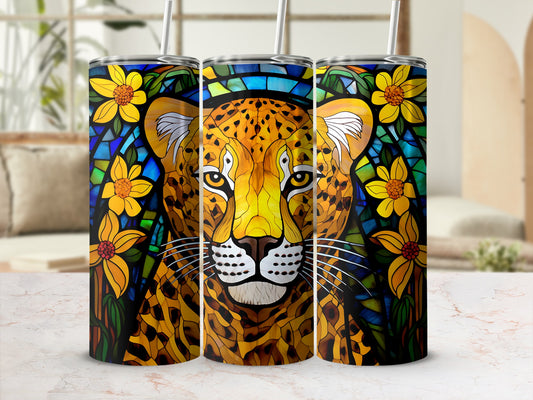 Leopard face in stained glass pattern on three tumblers.