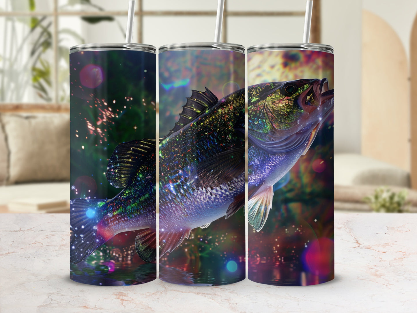 Three tumblers featuring a realistic fish design with glowing underwater bokeh effects.