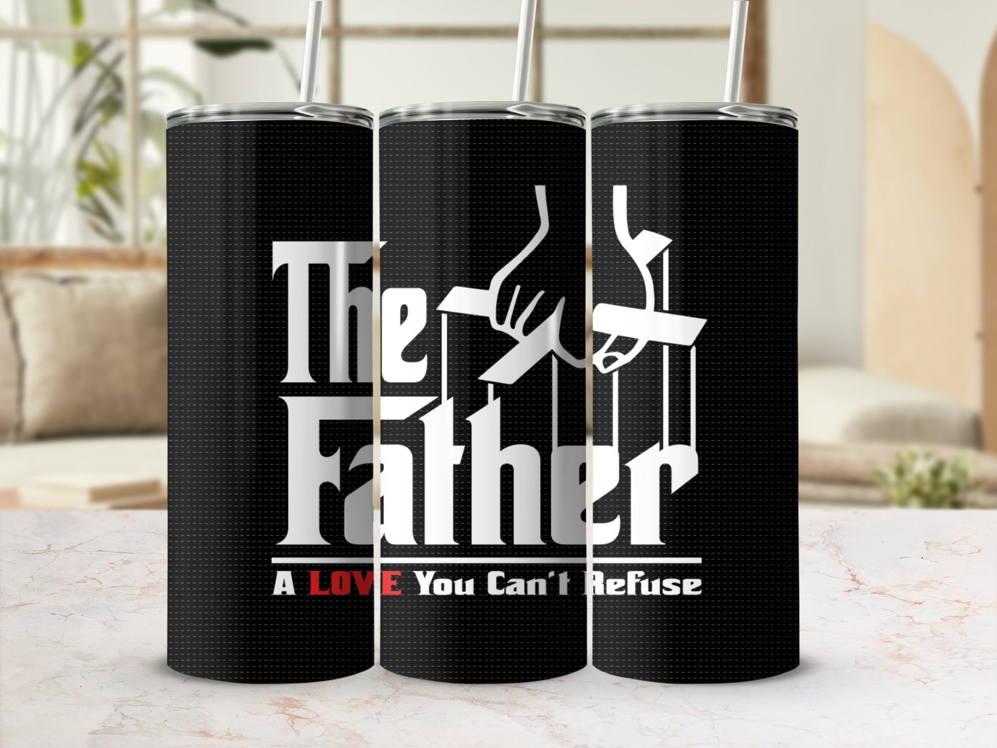 Tumbler with "The Father A Love You Can’t Refuse" text and puppet strings graphic.