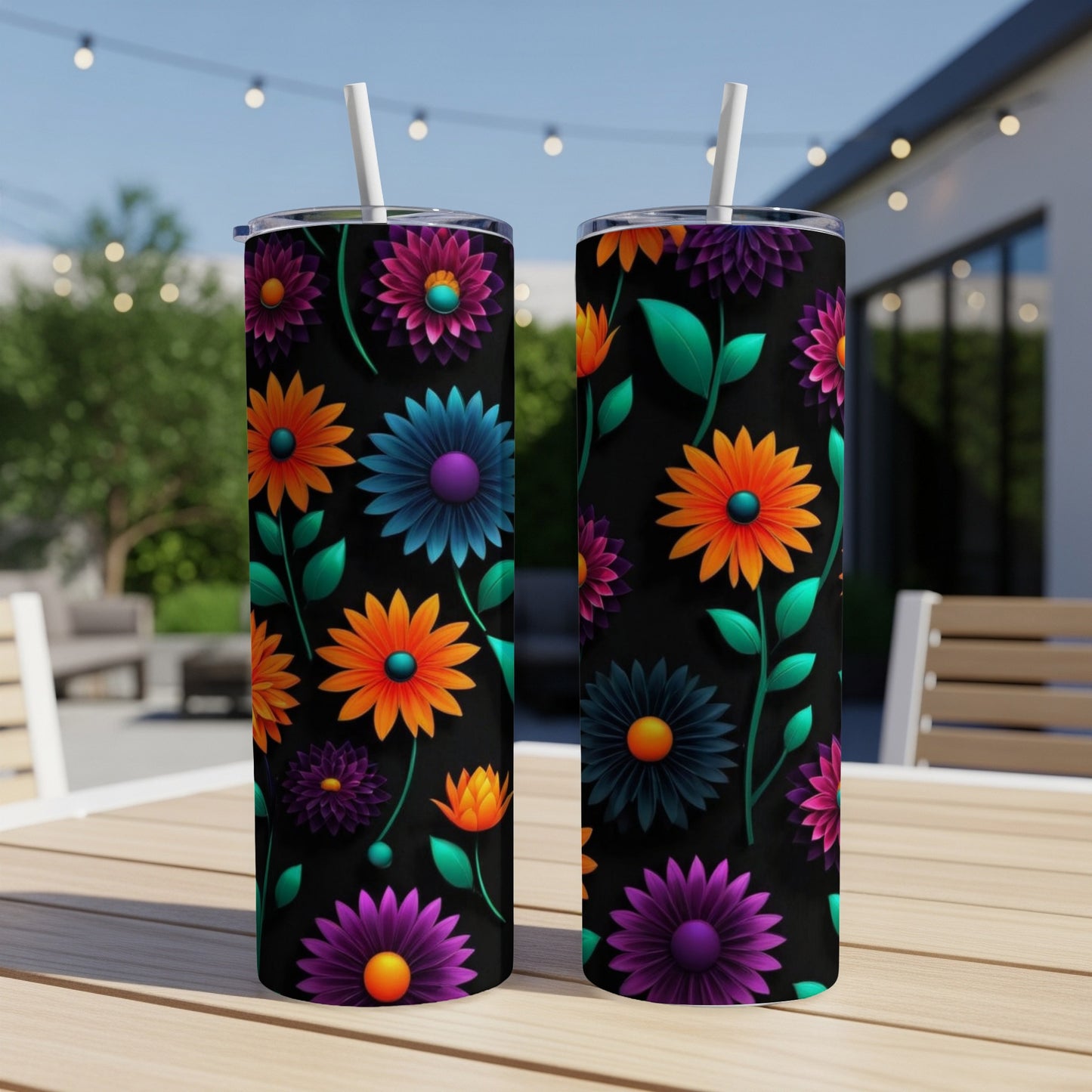 Two black tumblers with colorful floral designs and straws.