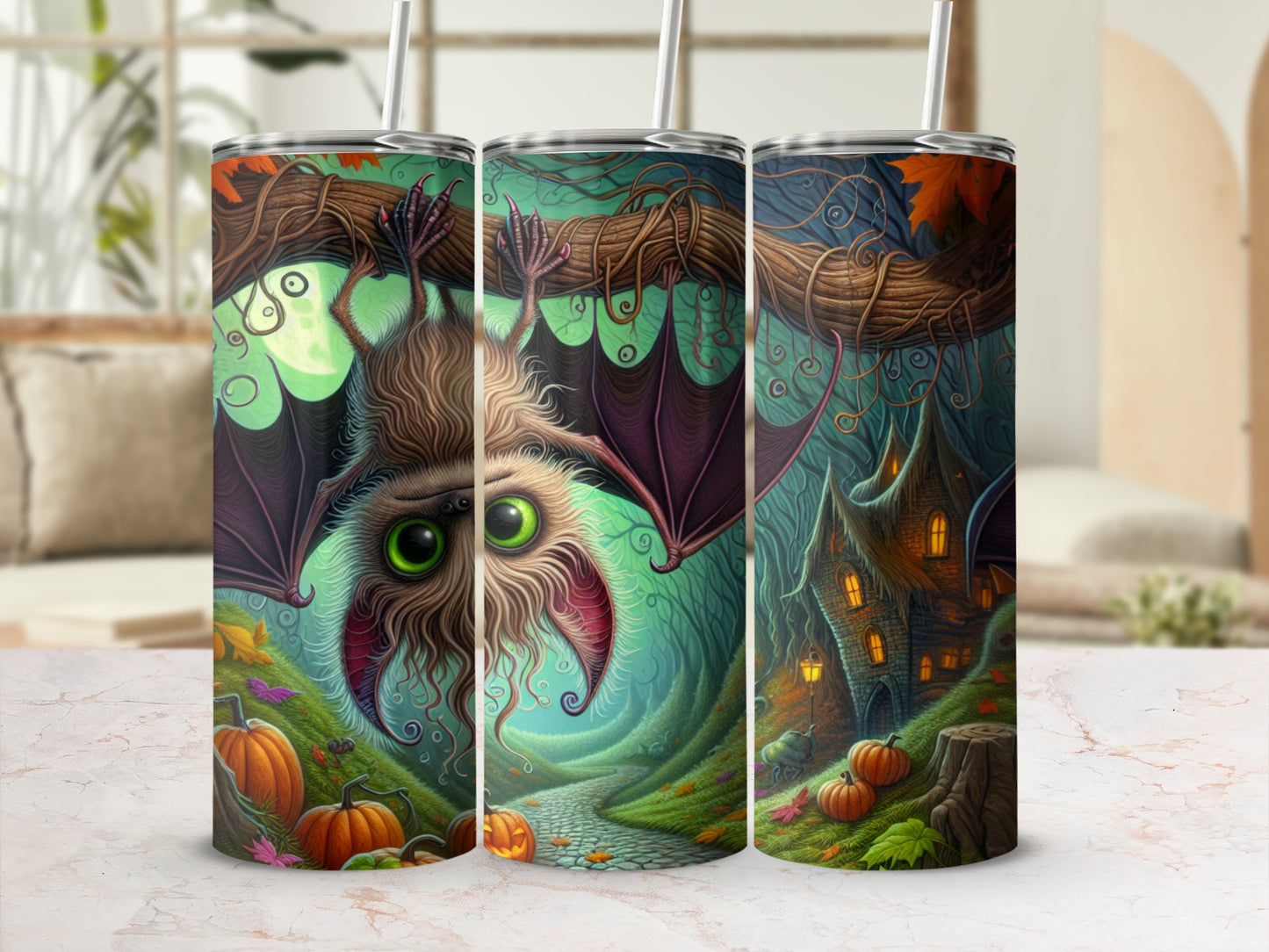 Three tumblers featuring a spooky Halloween forest scene with pumpkins and a hanging bat.
