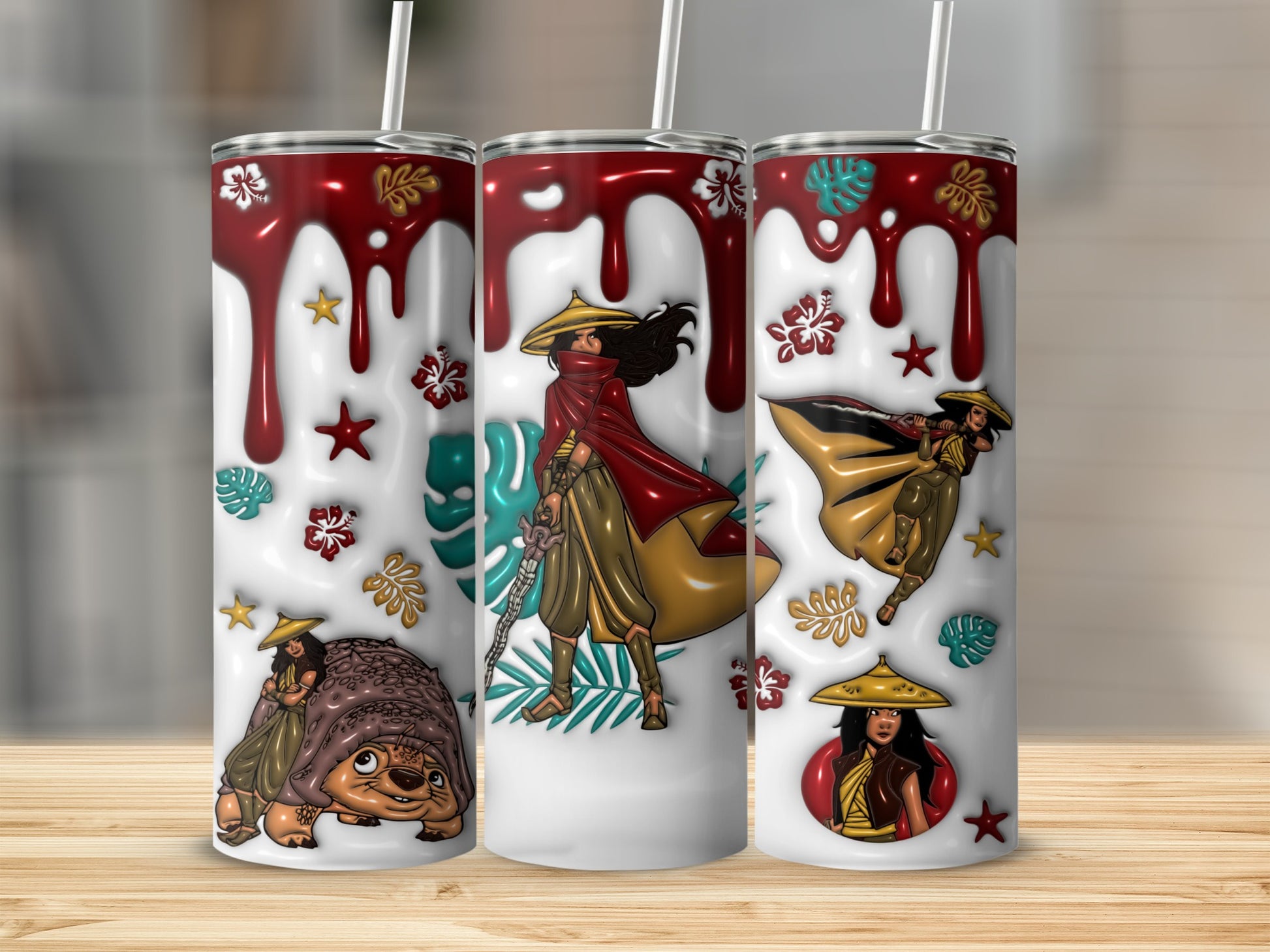 Tuk Tuk, Raya, and Namaari on tumblers with tropical leaves and flowers.