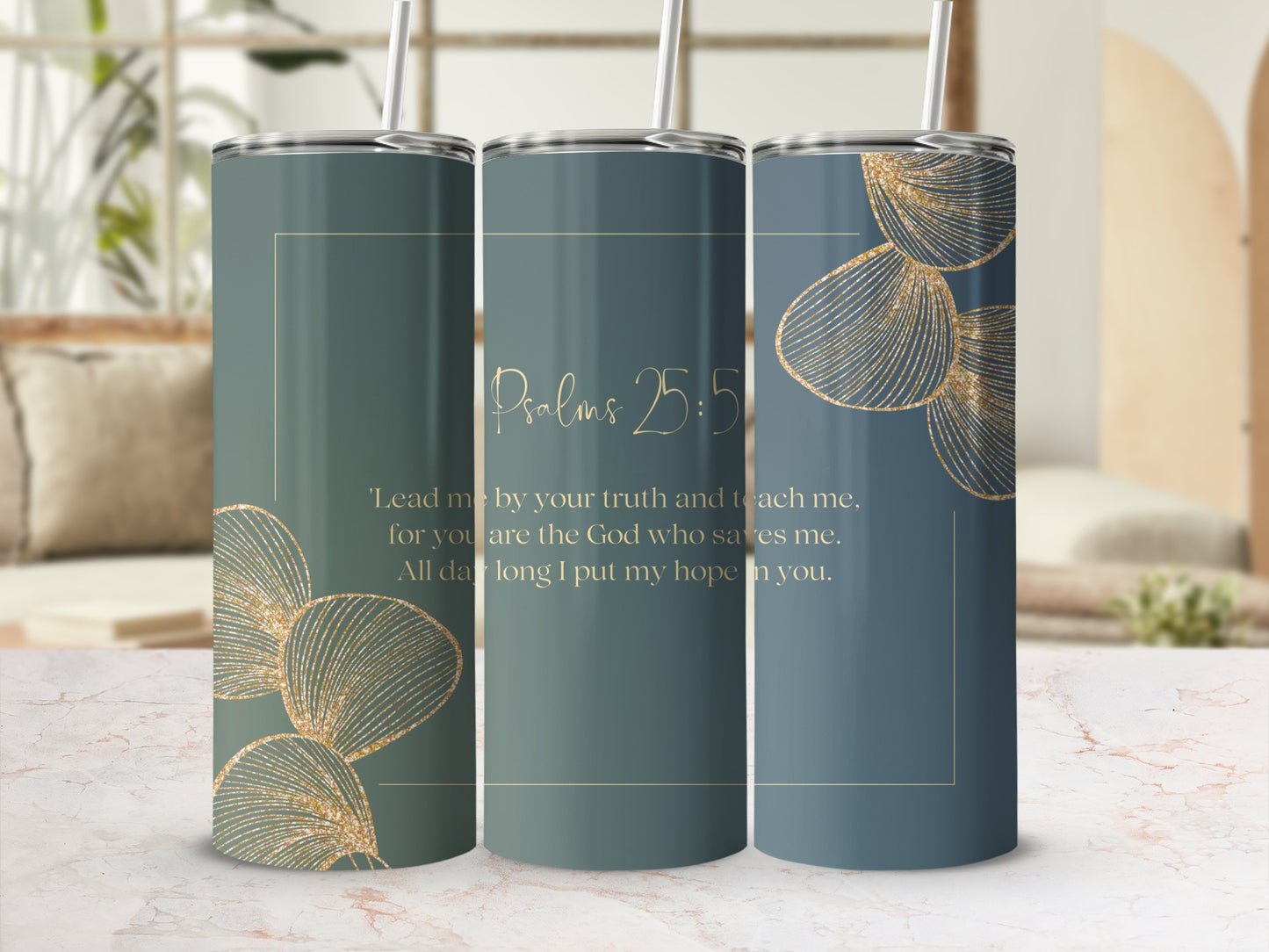 Psalms 25:5 Tumbler with Golden Floral Design 20oz
