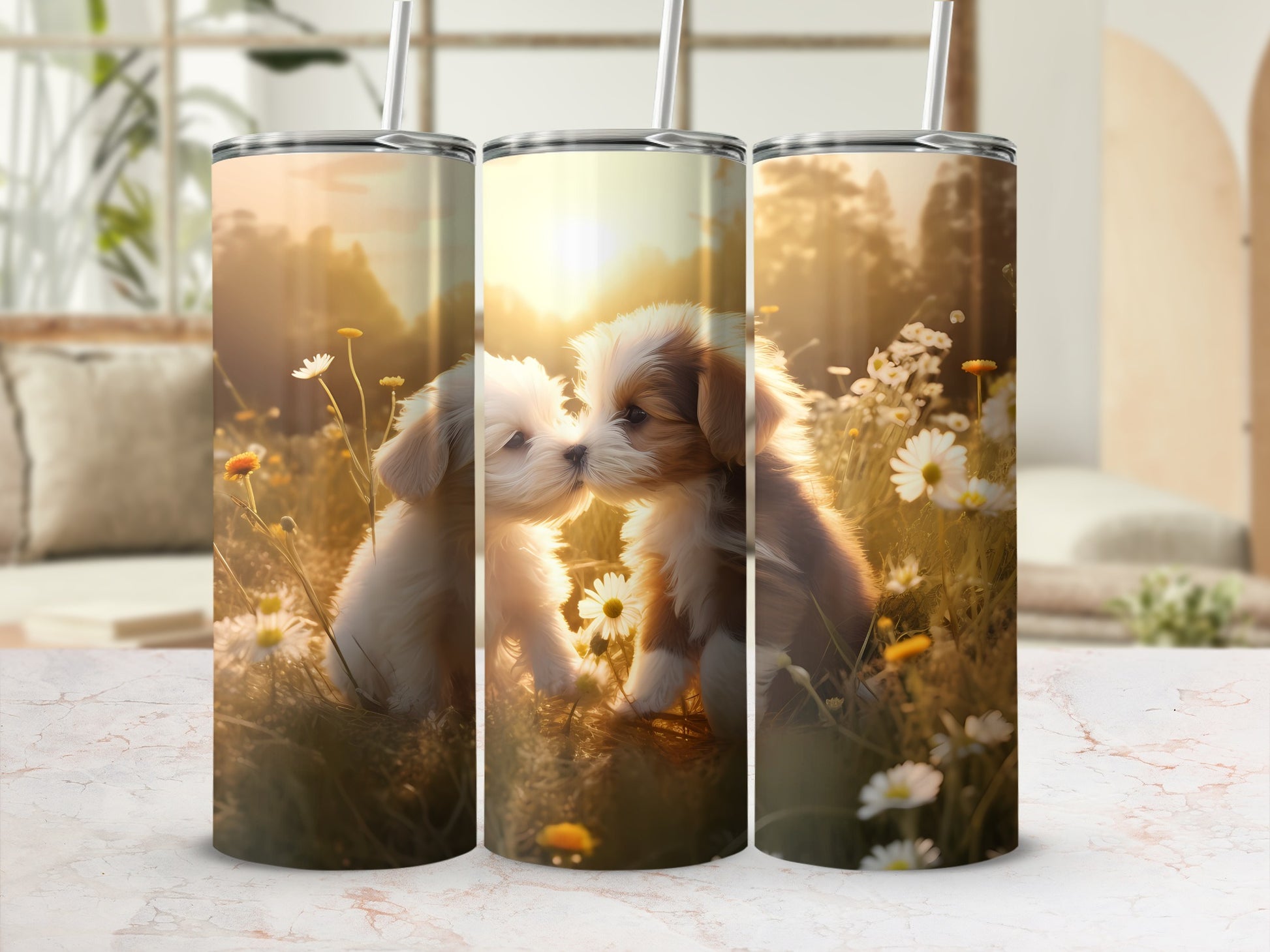 Adorable Kissing Puppies Daisy Meadow Sunset Field product type