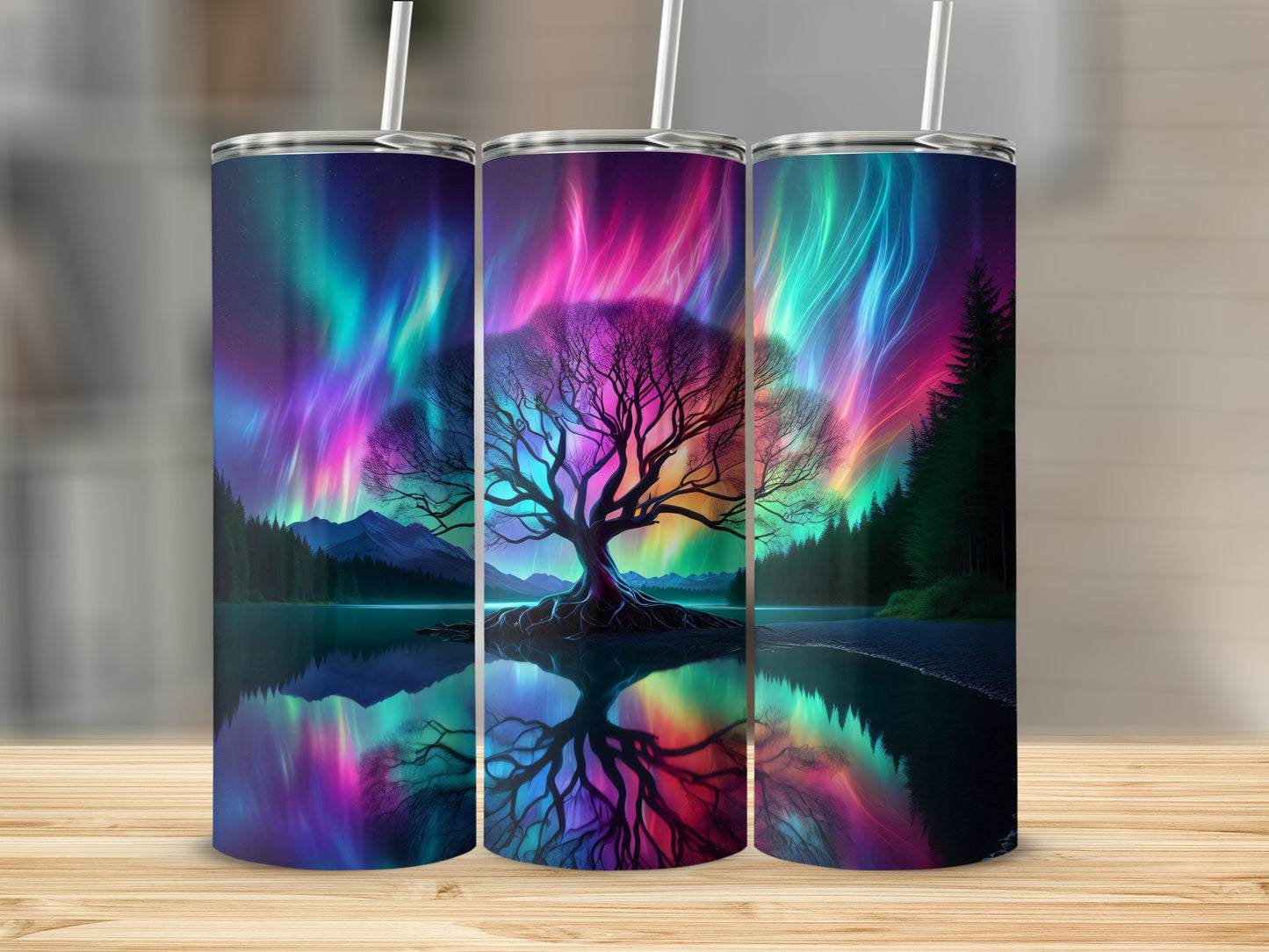 Vivid Northern Lights Tree Design Travel Tumbler