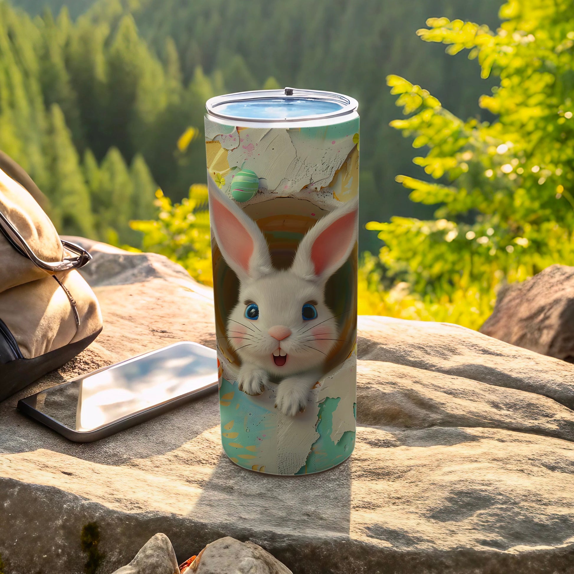 Easter bunny tumbler with colorful design, resting on a rock outdoors.