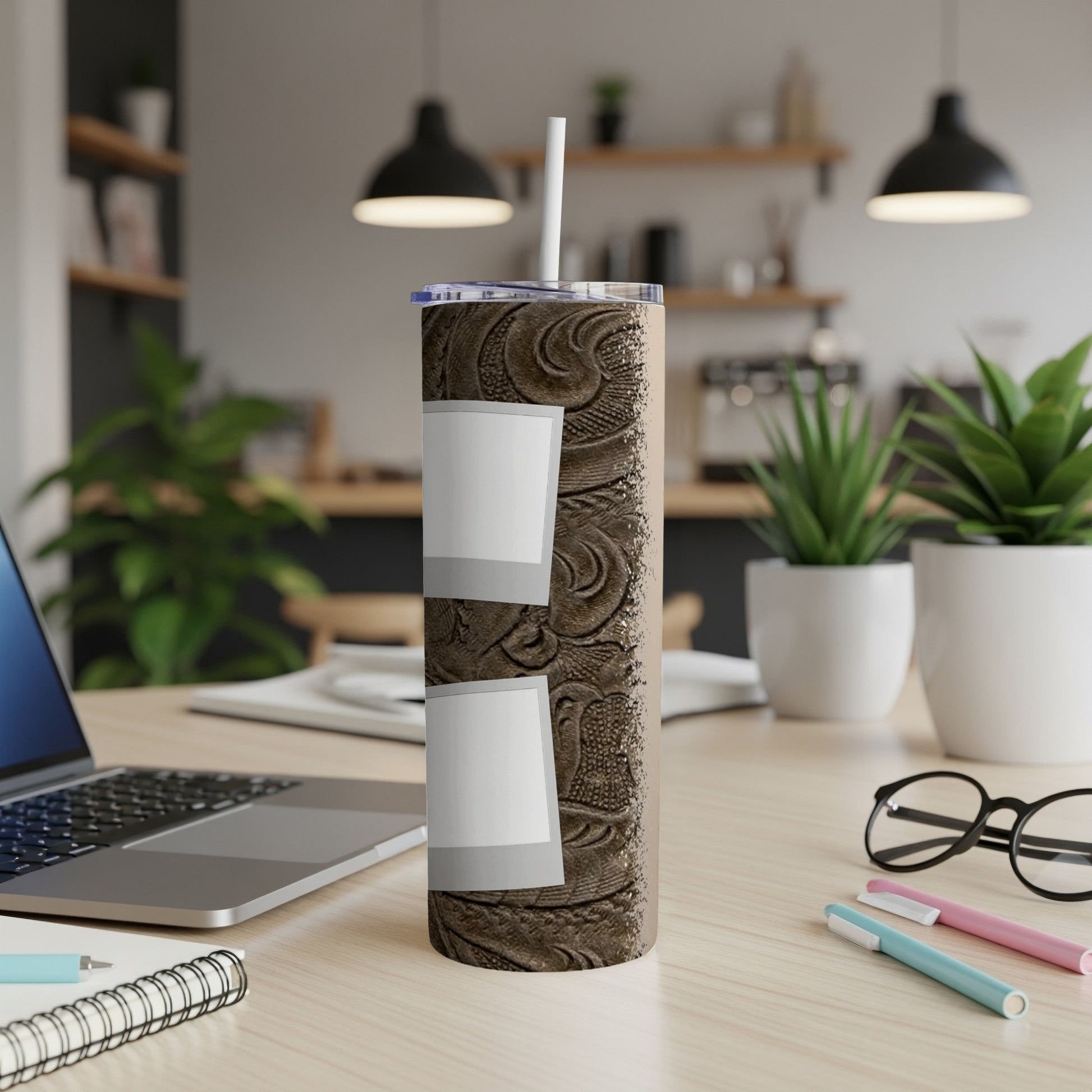 Brown textured tumbler with two blank white photo placeholders and a straw.