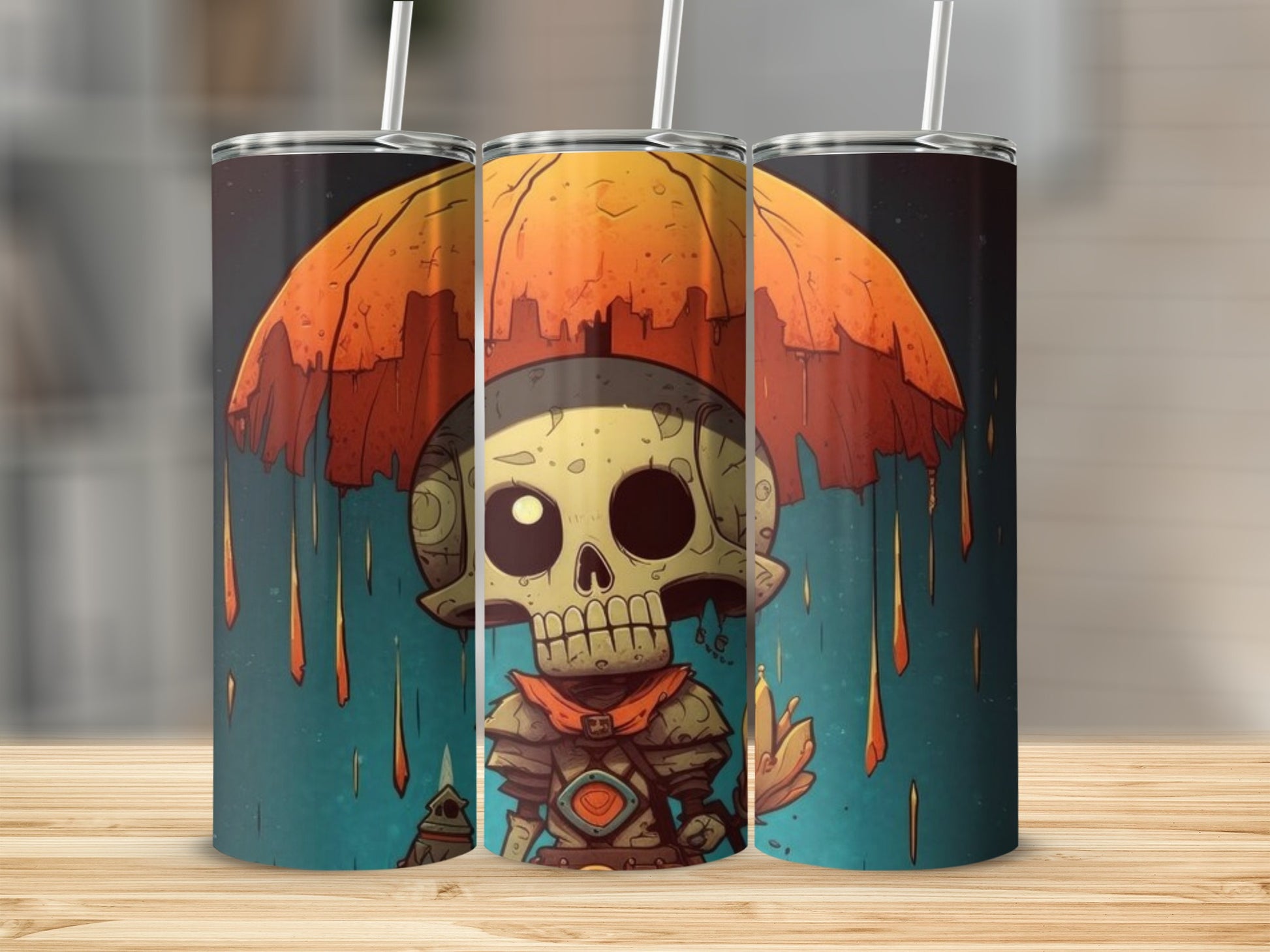 Skeleton character under an orange umbrella with rain falling on a teal background.