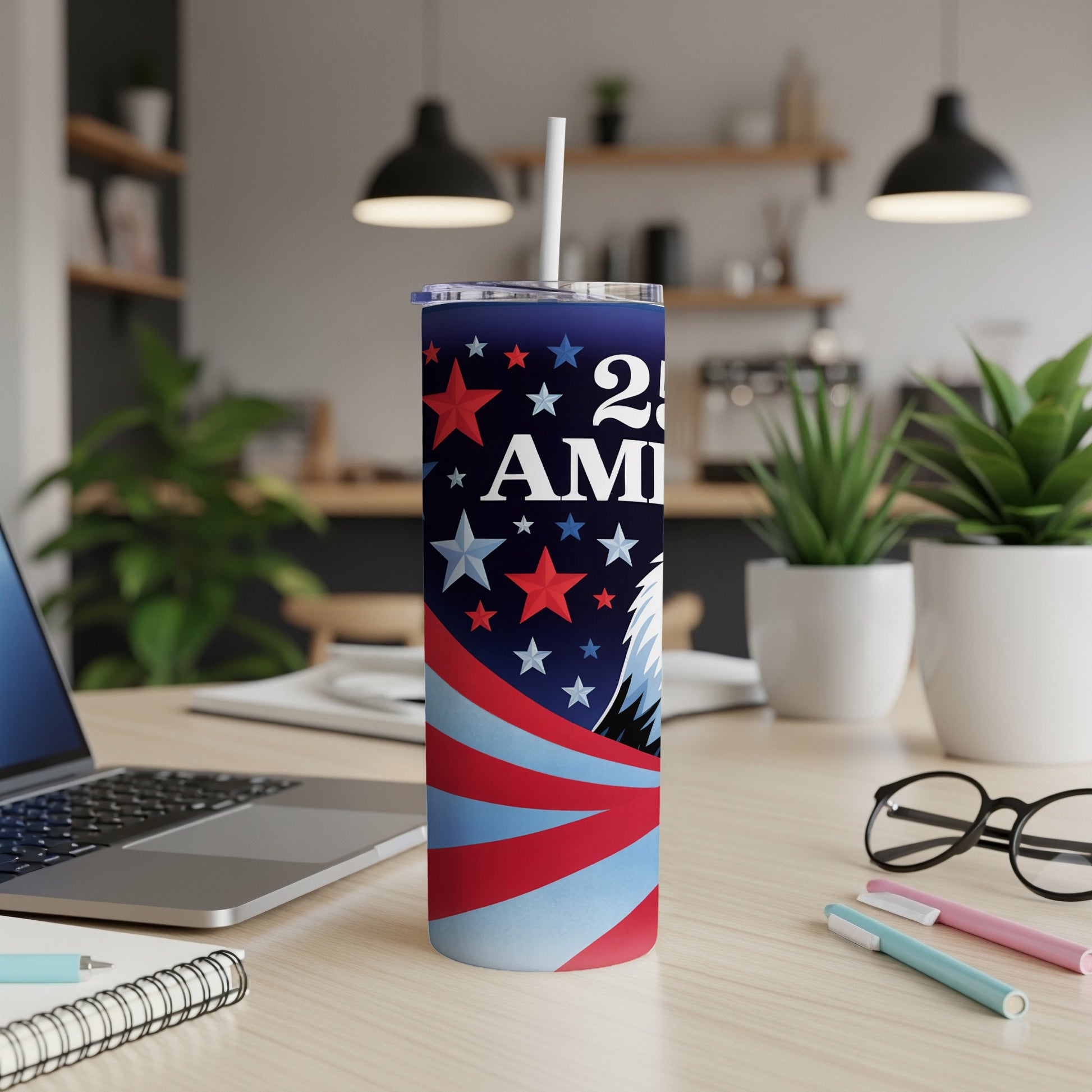 2023 American flag tumbler with eagle, stars, and patriotic stripes.