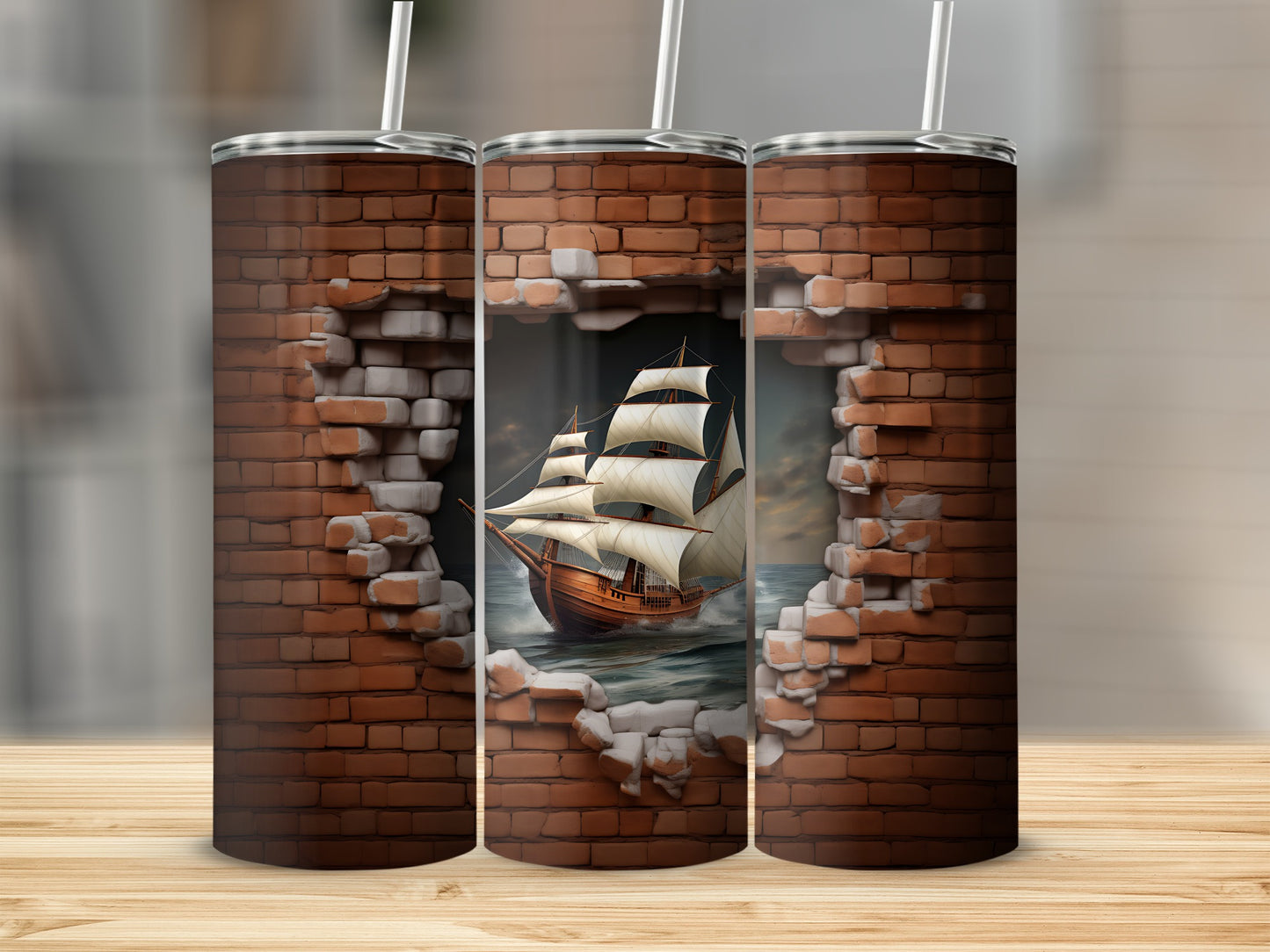 Sailing Ship Through Brick Wall Tumbler