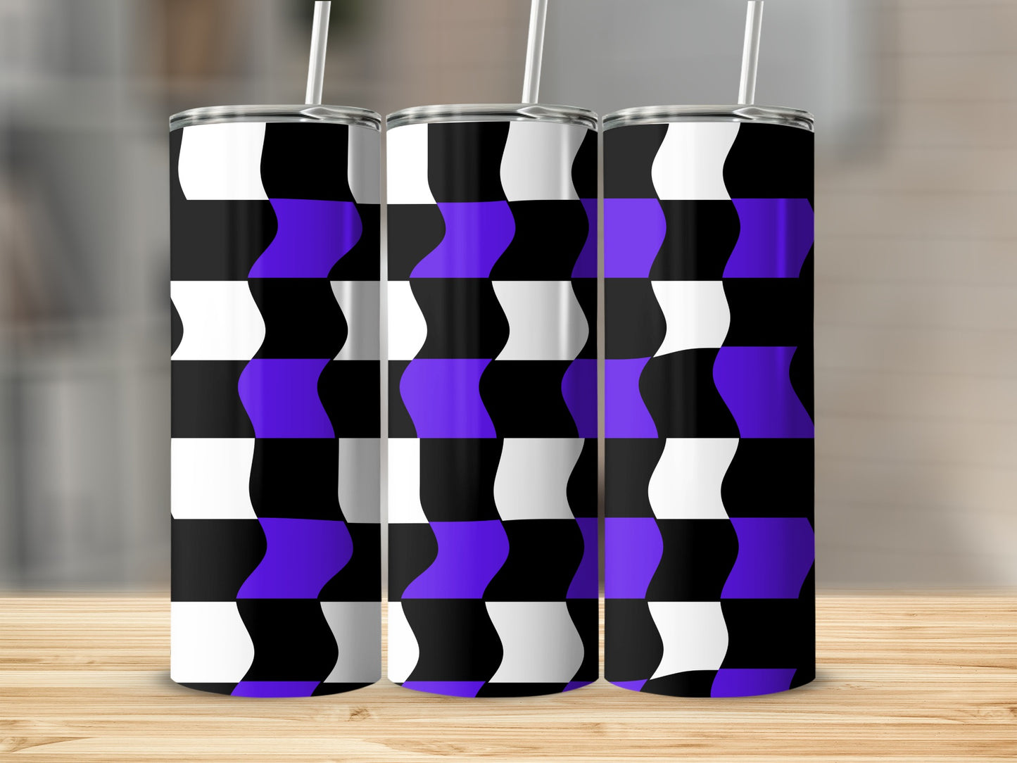 Three tumblers with a black, white, and purple wavy checkerboard pattern.