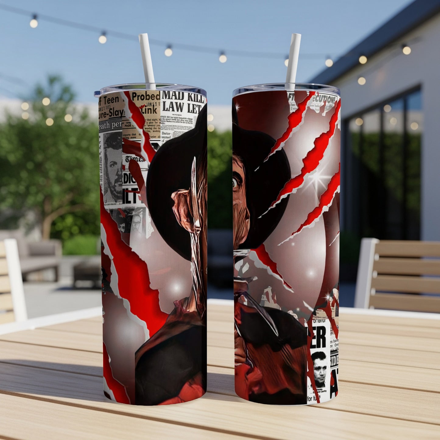 Tumbler with Freddy Krueger's glove and newspaper clippings, including "MAD KILL LAW LET".
