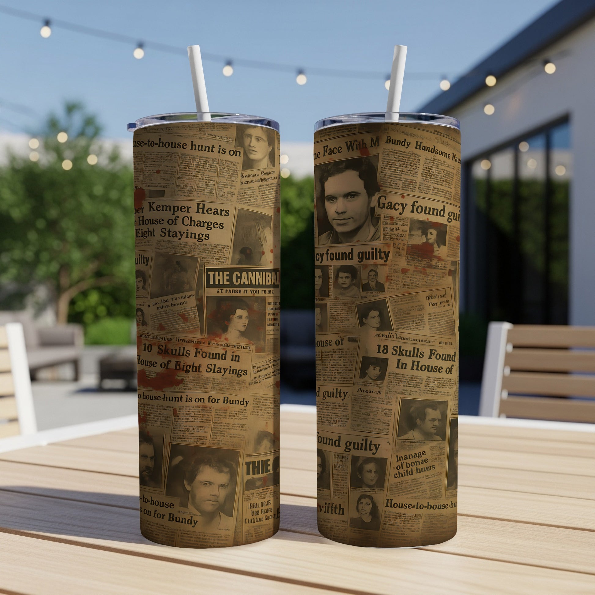 Two tumblers with newspaper headlines and images of serial killers Ted Bundy and John Wayne Gacy.