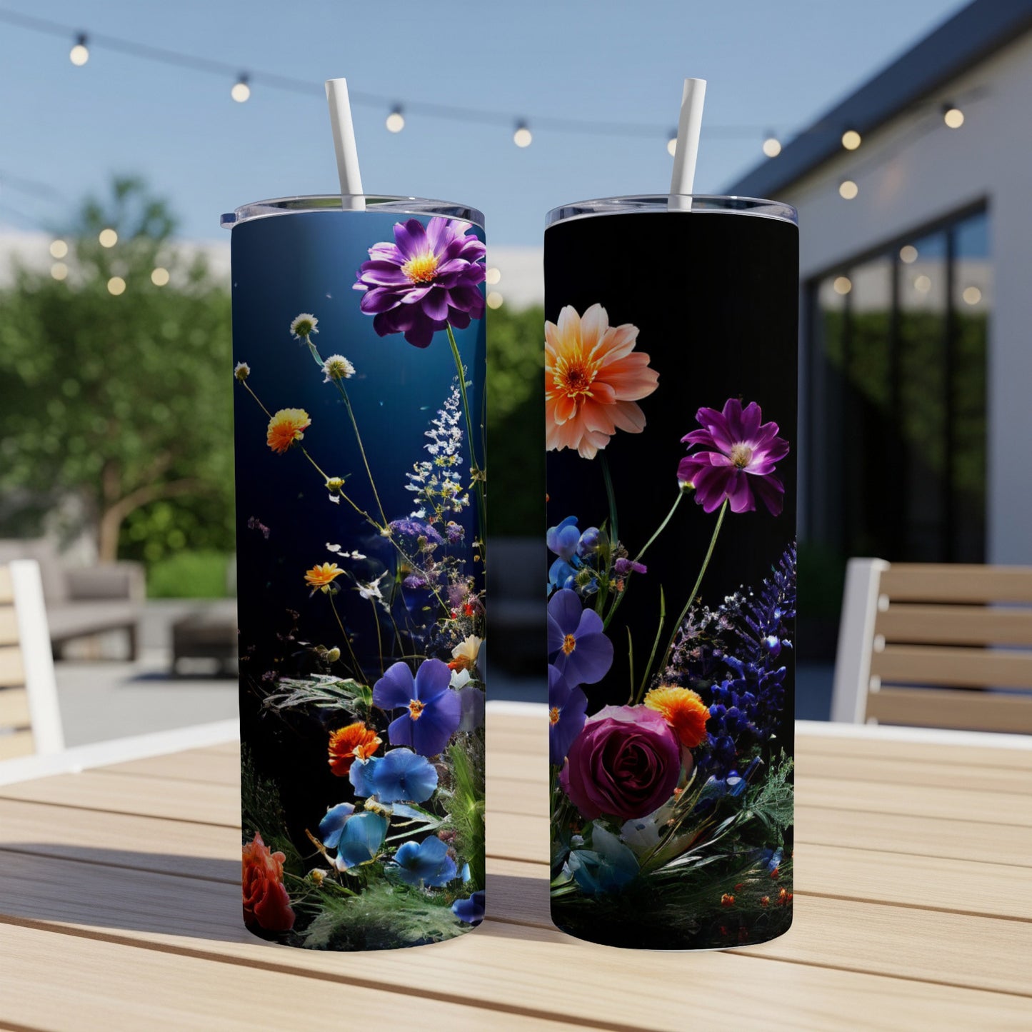 Two tumblers featuring vibrant floral arrangements on a dark background.