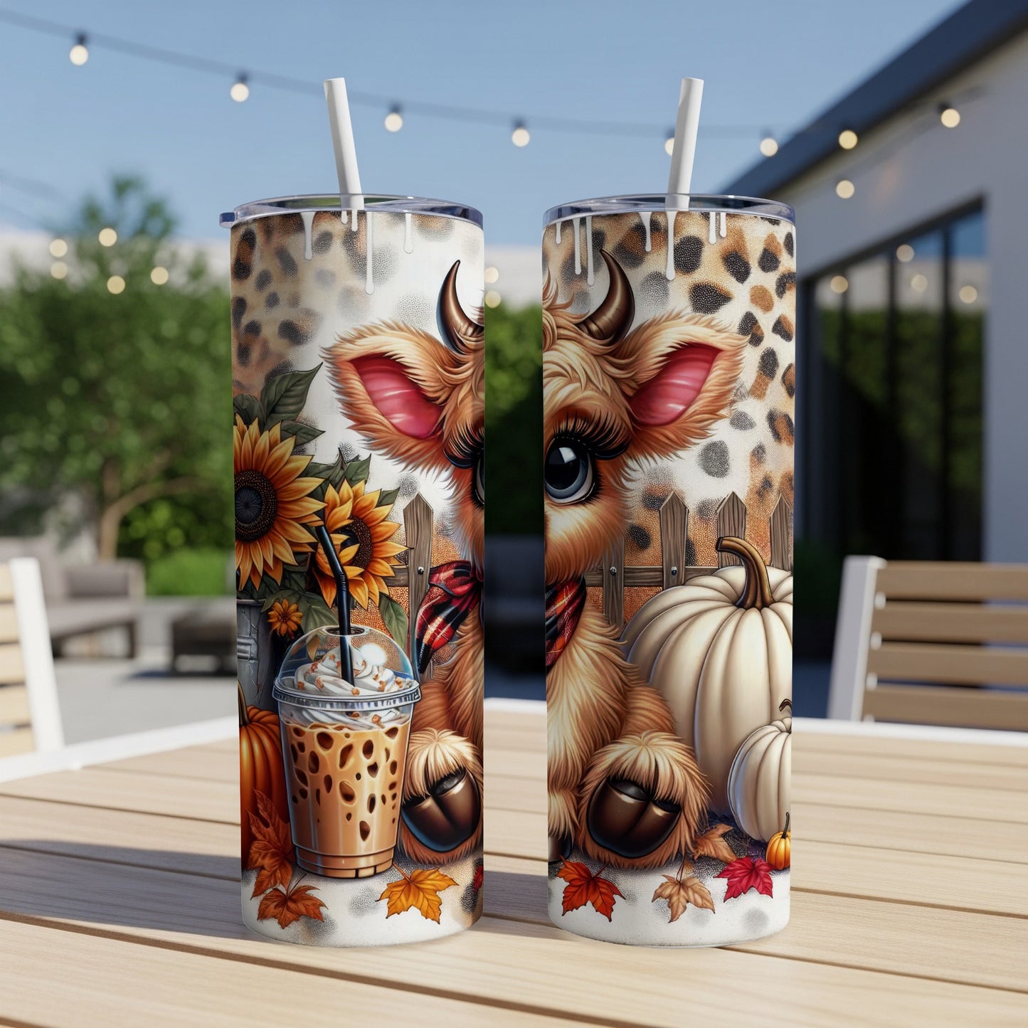 Two tumblers featuring a cartoon cow and autumn decorations.