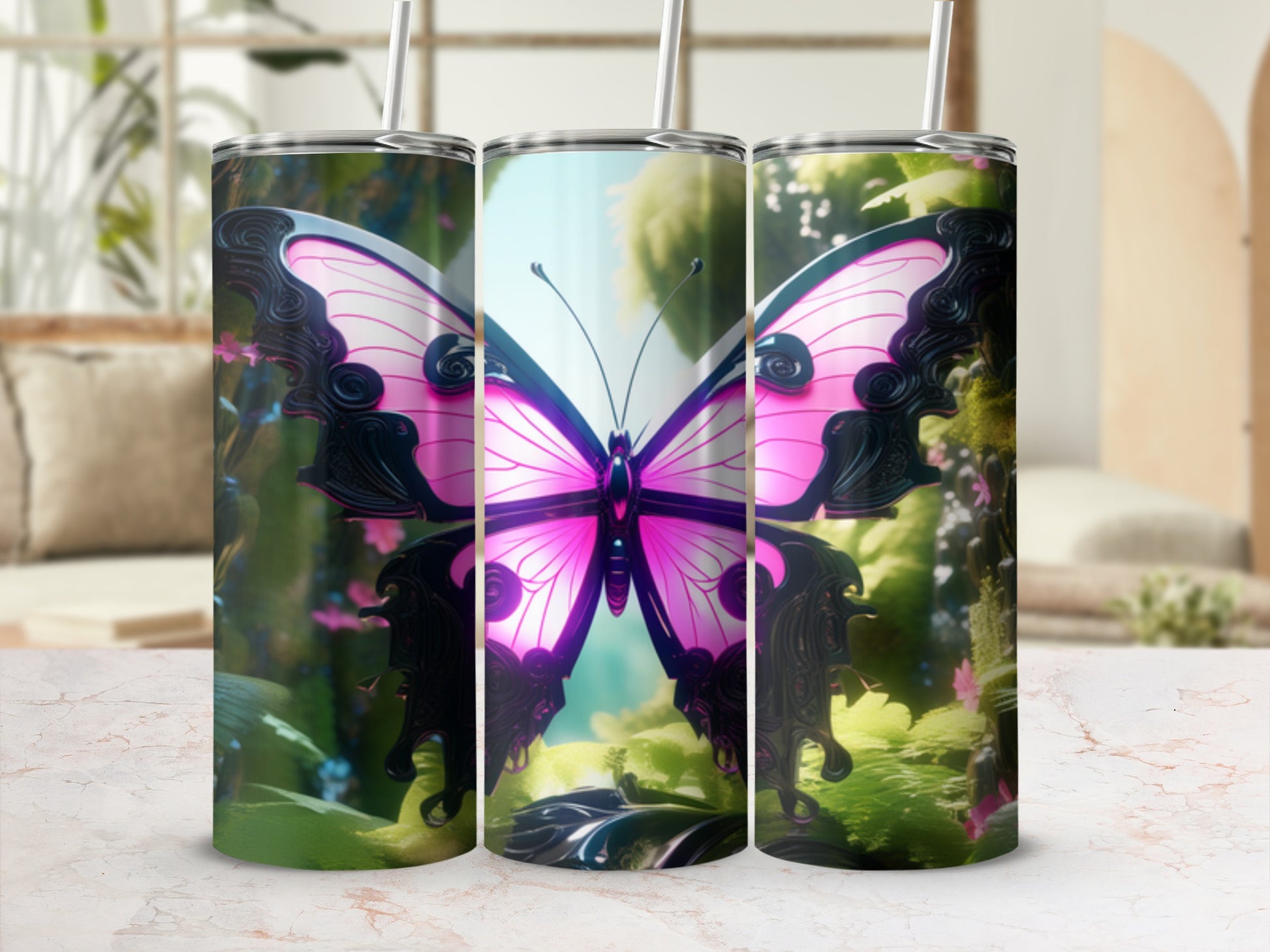 Pink butterfly with black accents on a floral background, three tumblers.