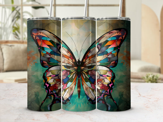 Three tumblers featuring a stained-glass butterfly design.