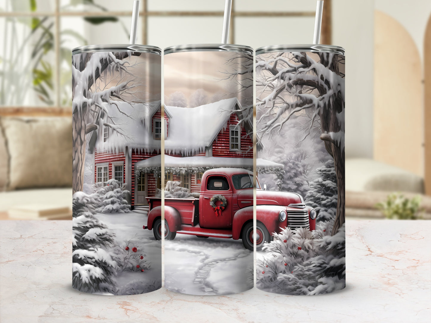Vintage Red Truck Snowy Winter Scene Tumbler Cup