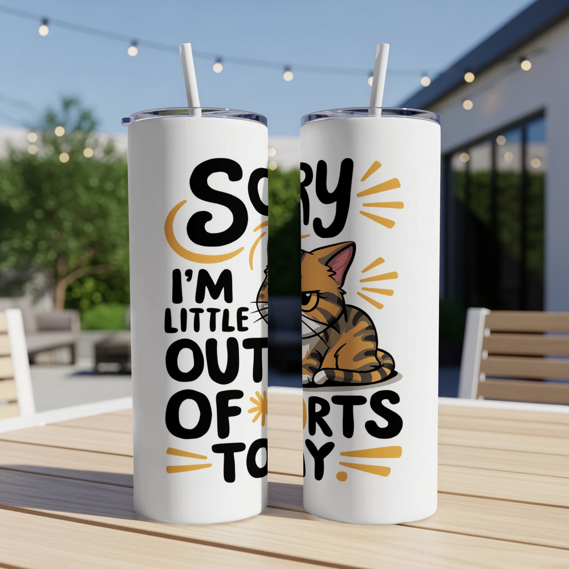 Tumbler with "Sorry I'm little out of sorts today" and a grumpy cat illustration.