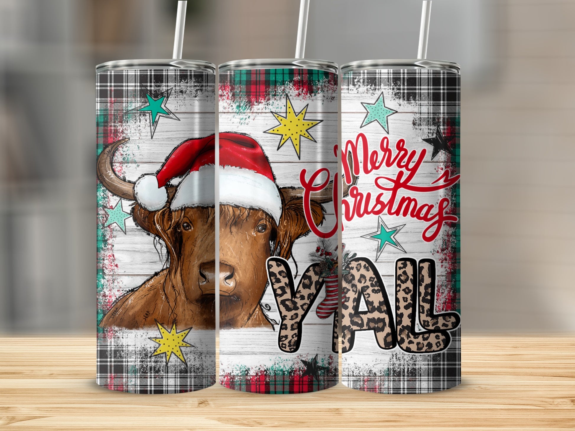 Highland cow in Santa hat with "Merry Christmas Y'all" text, plaid background.
