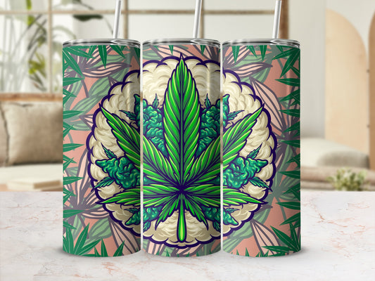 Abstract Green Leaf Design Stainless Steel Tumbler Cup