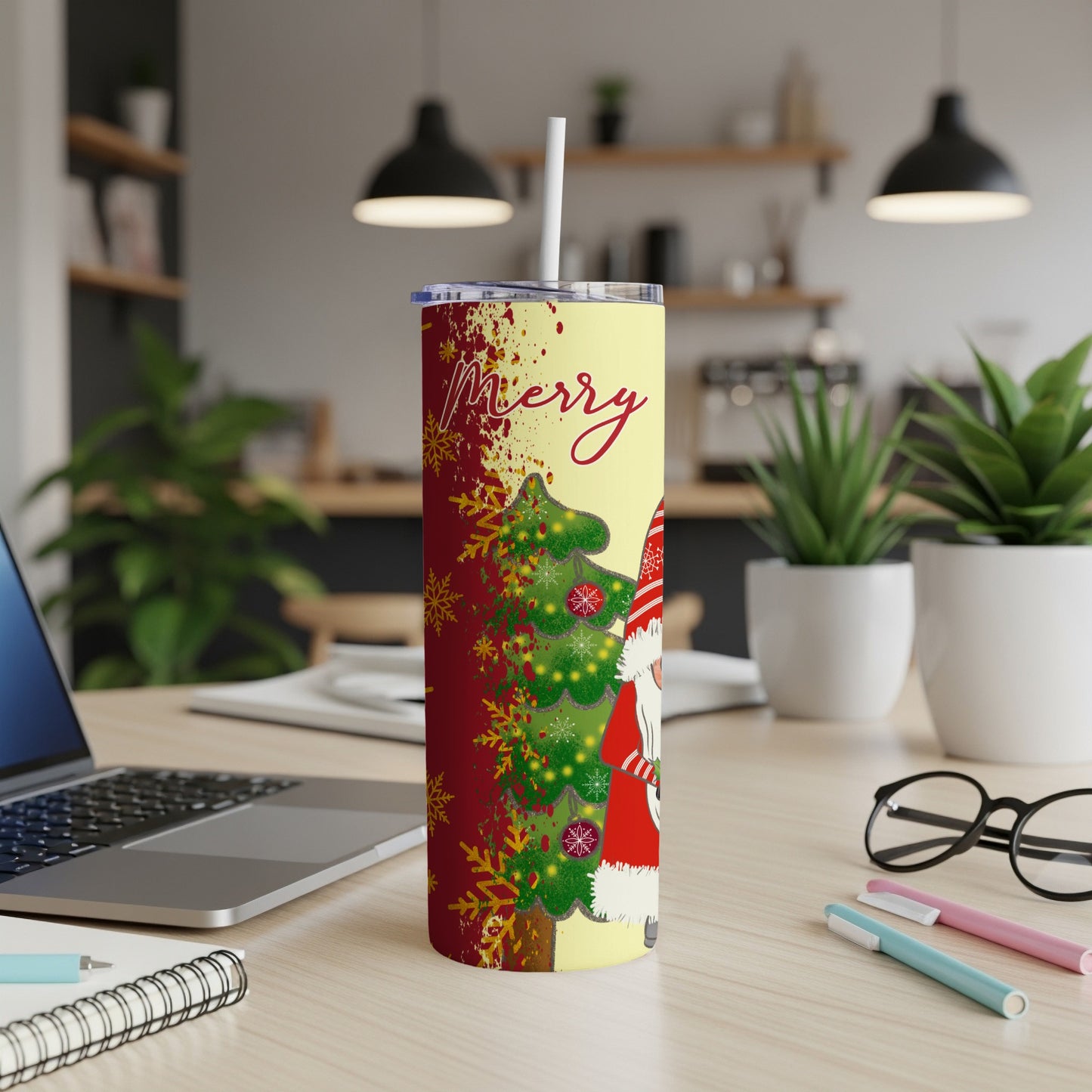 Christmas gnome and tree design on yellow tumbler with red snowflake border.