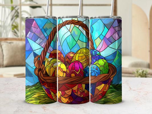 Stained glass Easter basket overflowing with colorful eggs on a marble surface.
