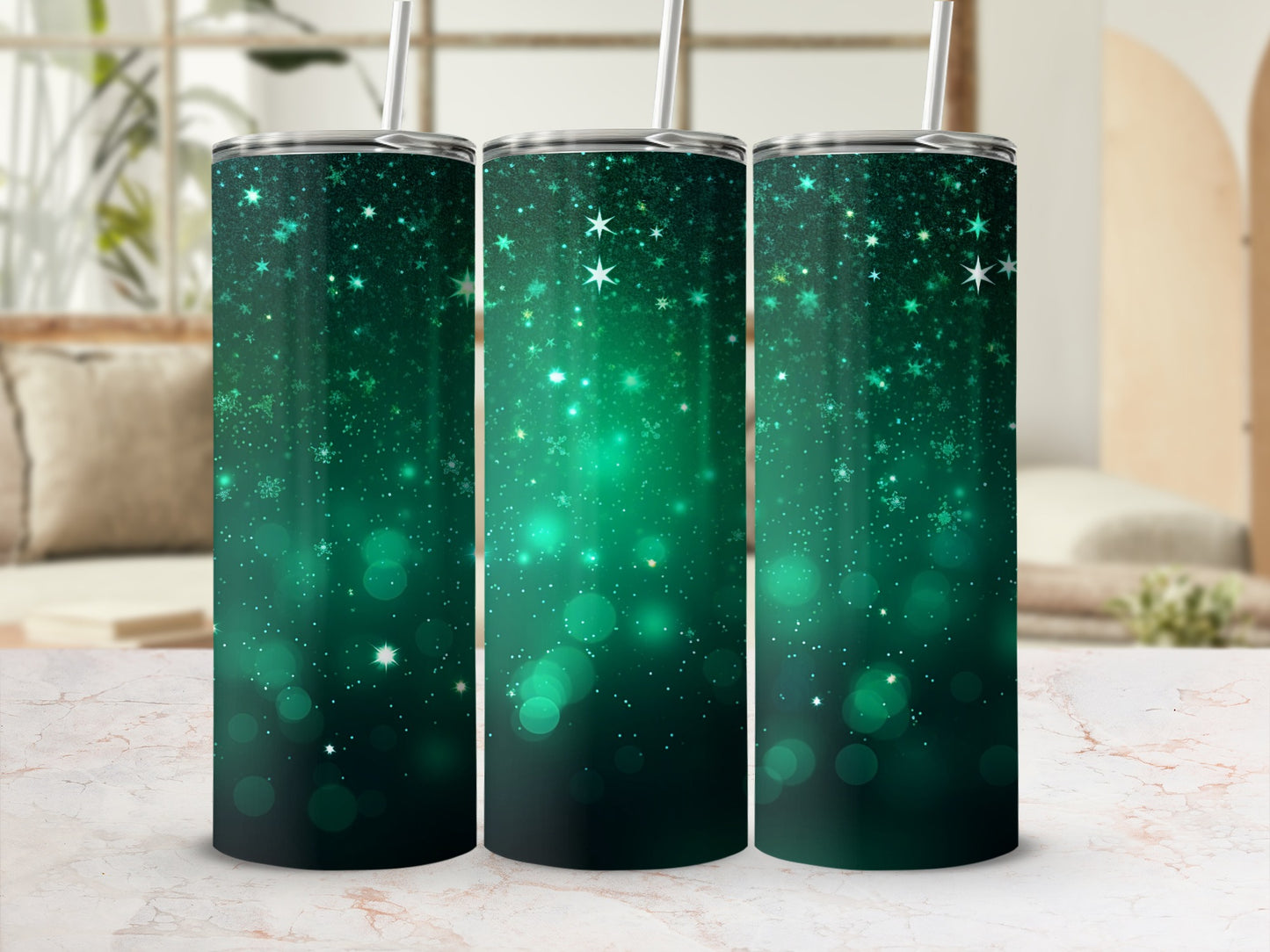 Sparkling Green Starry Night Design Tumbler