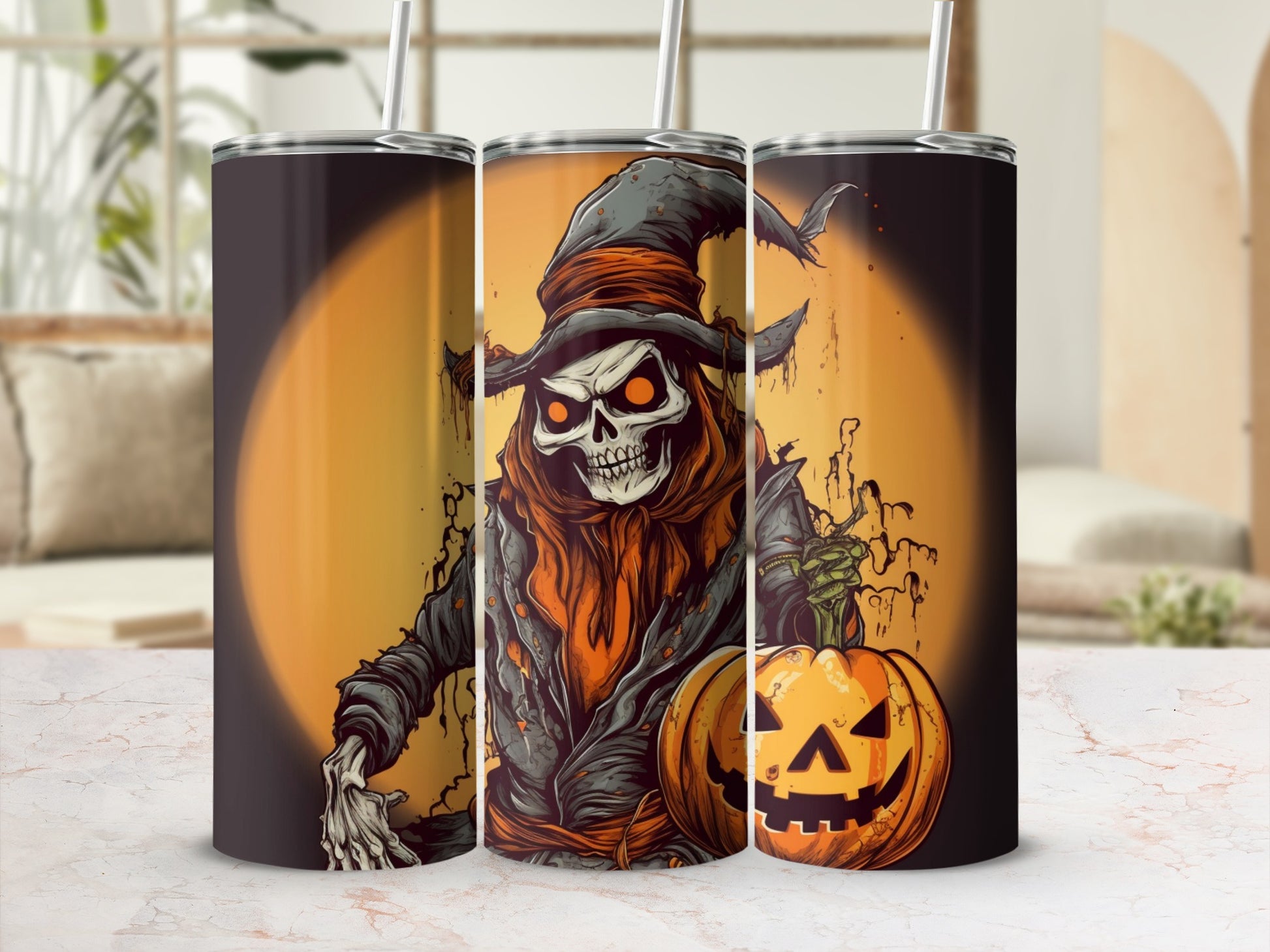 Spooky Skeleton Wizard with Pumpkin Halloween Tumbler