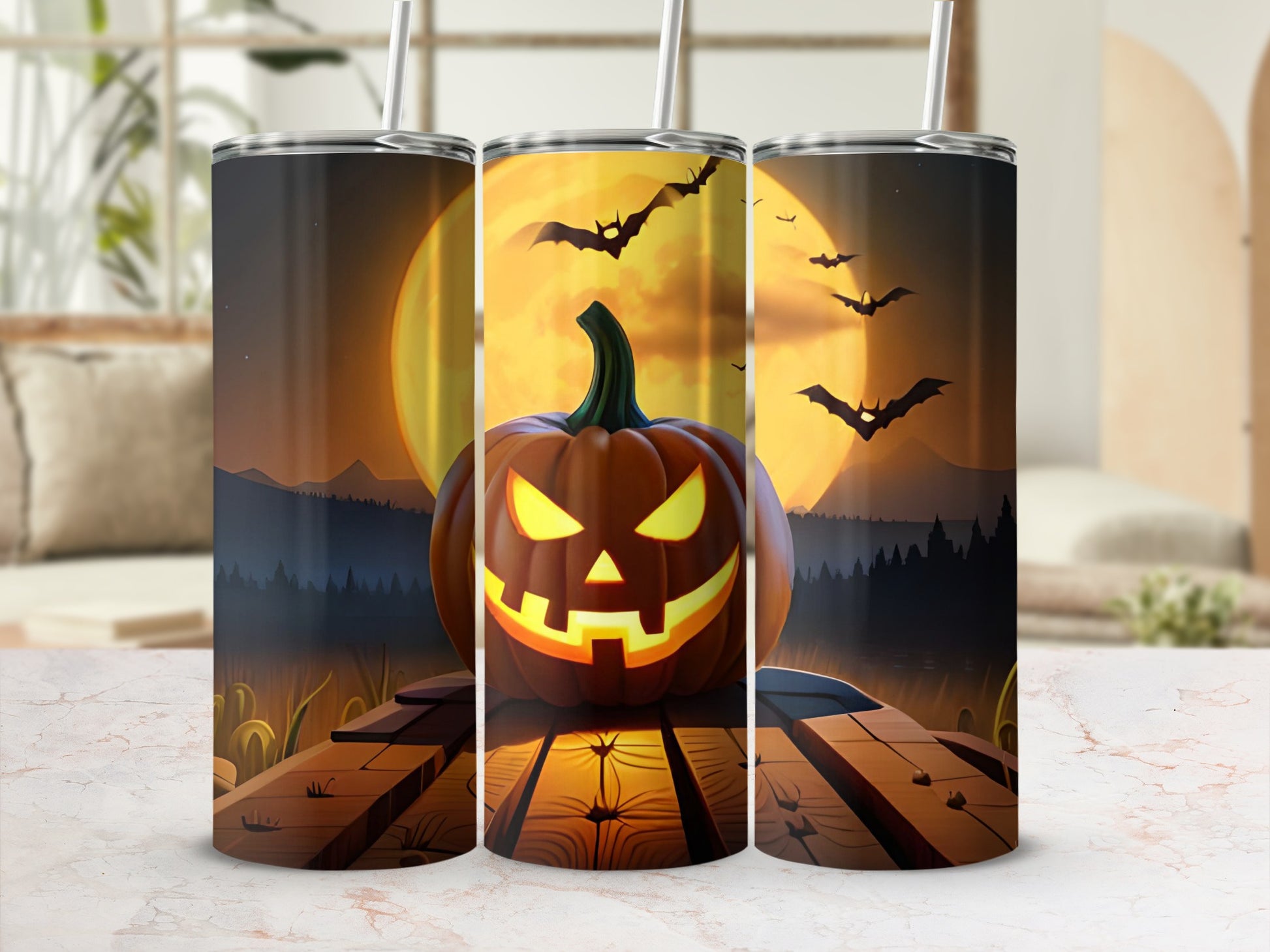 Spooky Halloween Pumpkin Bat Night Tumbler Flask