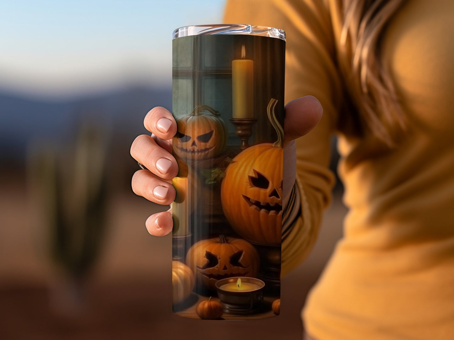Halloween Pumpkin Candle Scene Tumbler Cup
