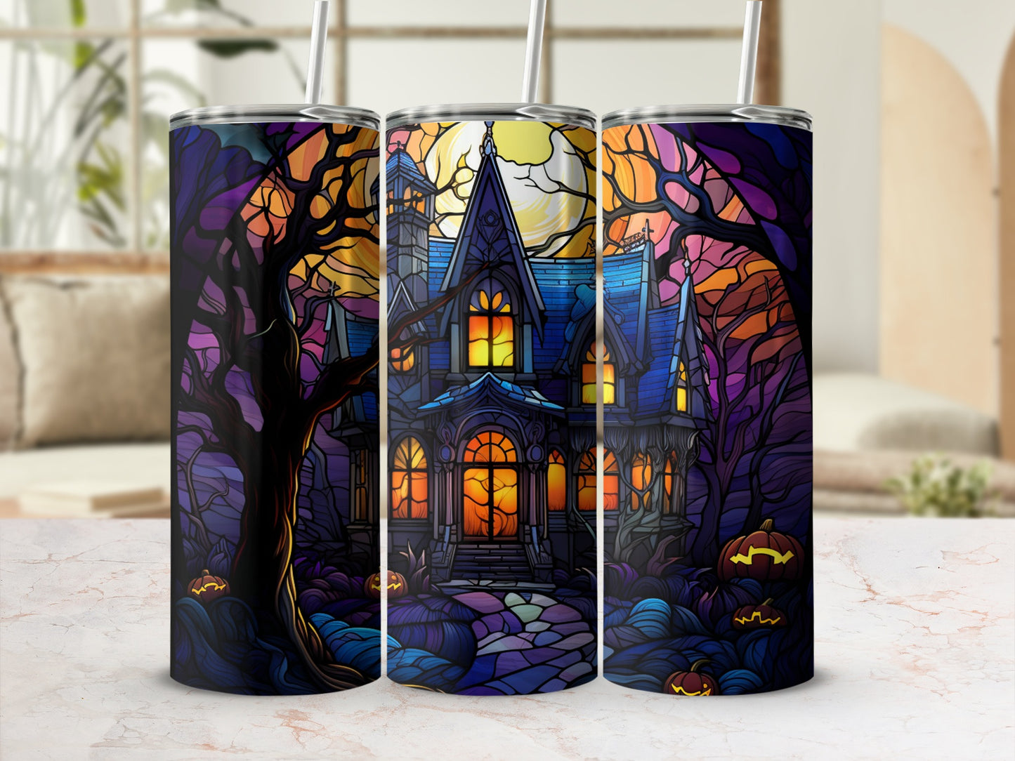 Halloween haunted house with pumpkins and spooky trees under a moon.