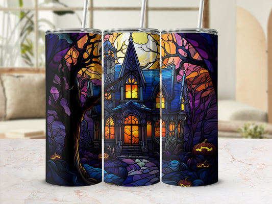 Halloween haunted house with pumpkins and spooky trees under a moon.