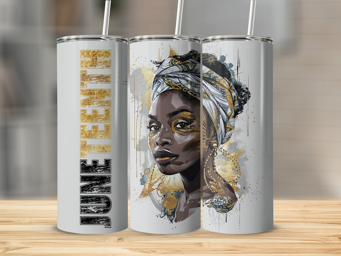 Tumbler with "June" text and portrait of a woman wearing a headwrap.