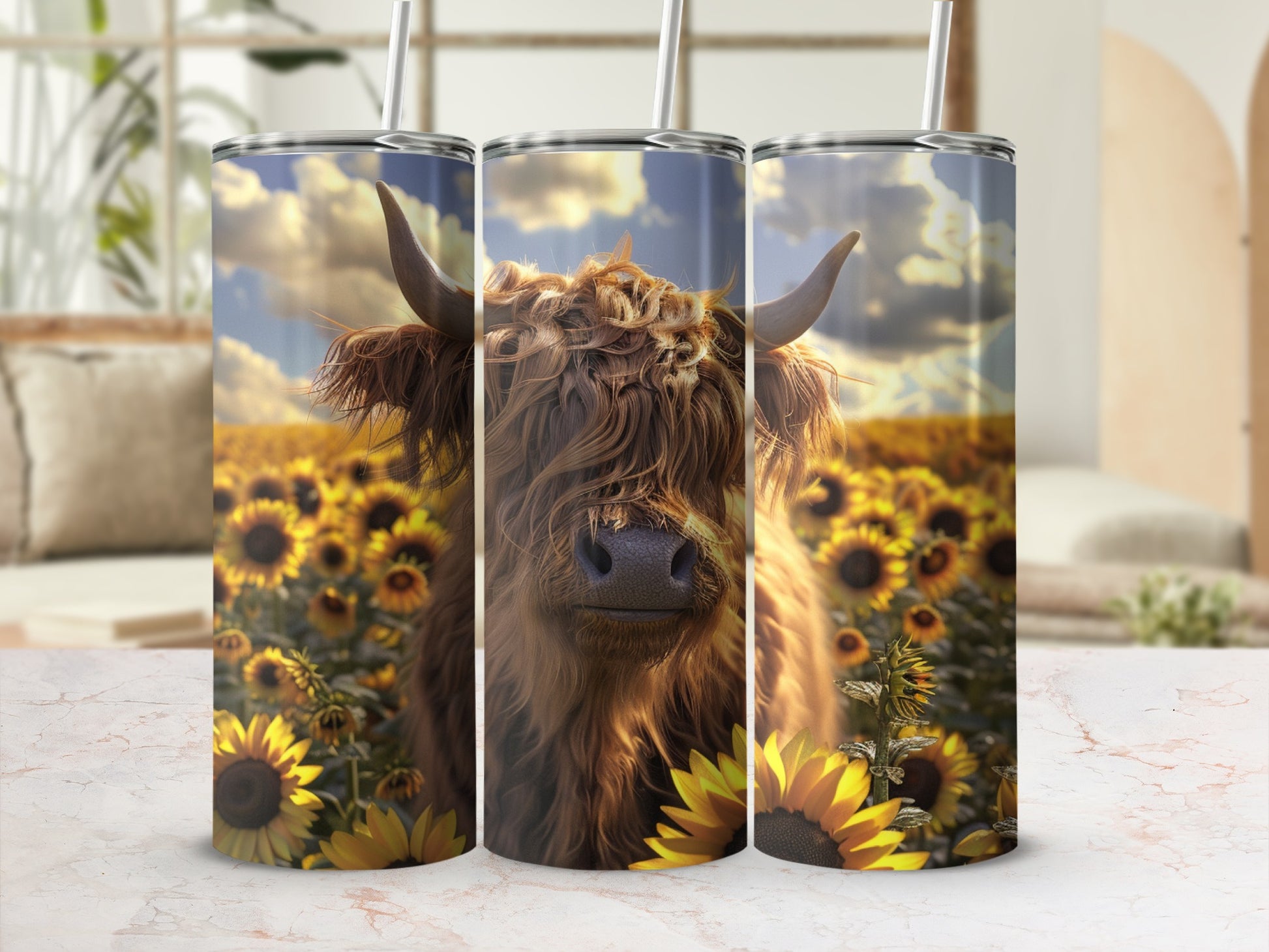 Highland cow in a field of sunflowers on a tumbler wrap.