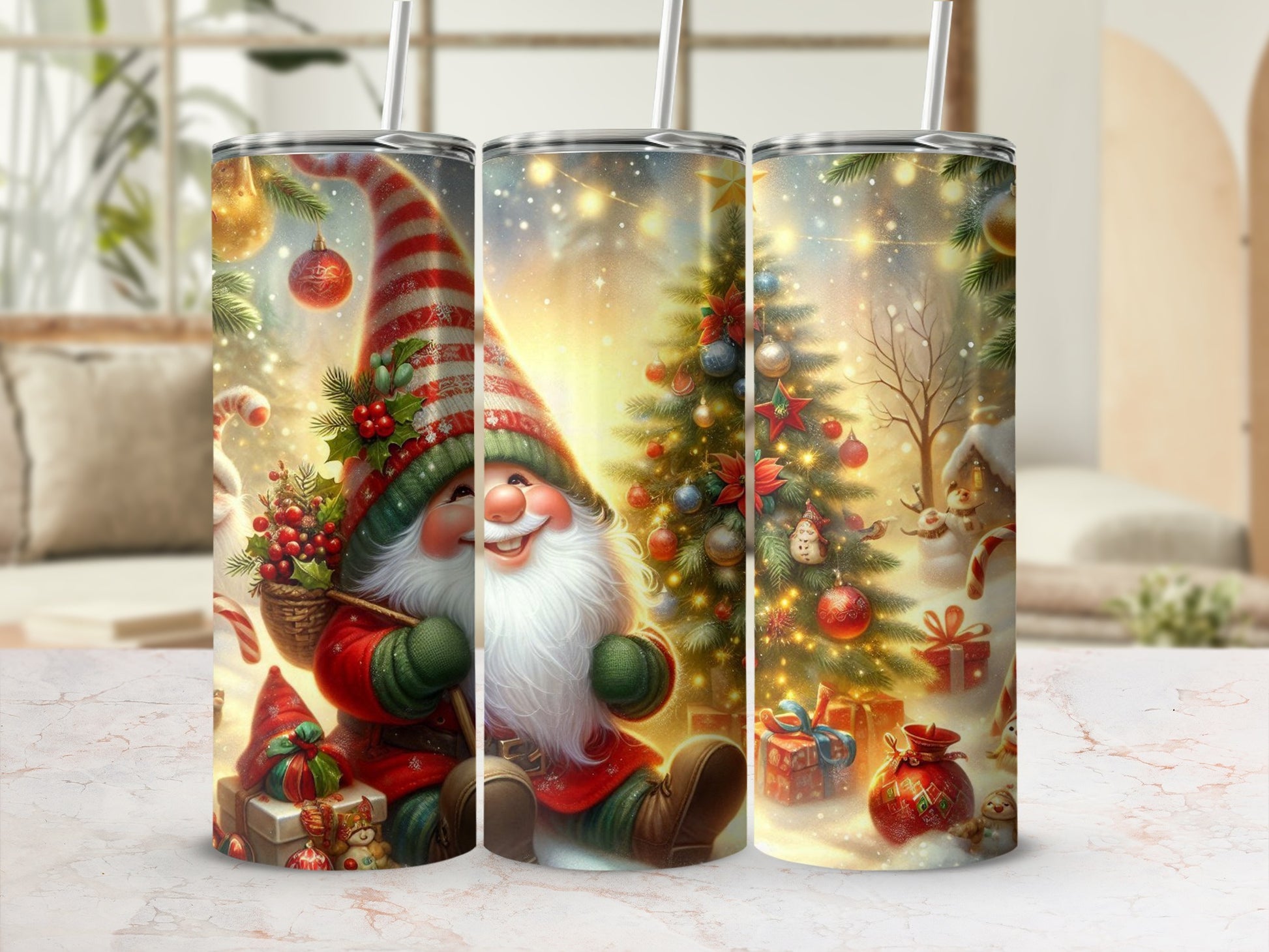 Christmas gnome with gifts and tree, surrounded by twinkling lights.