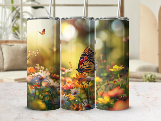 Three tumblers with monarch butterflies on flowers in a sunny garden.