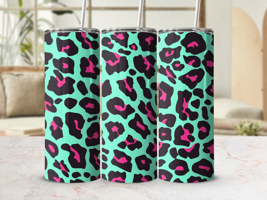 Three tall tumblers with a teal background and black and pink leopard print pattern.